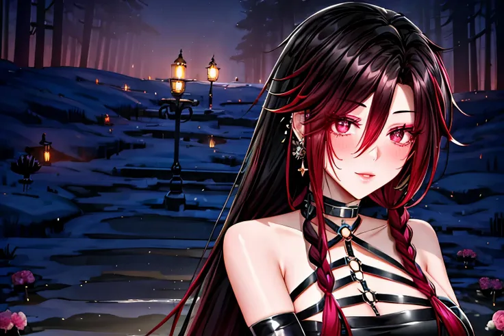 shoujo style, frosty style, (romantic manhwa), 1 girl, black cyclamen hair, solo, long braided hair, long braid, dress, red cyclamen eyes, mascara, makeup, elbow gloves, bra, jewelry, many ear piercings, viewer, clavicle, accessories, upper body, parted ba...