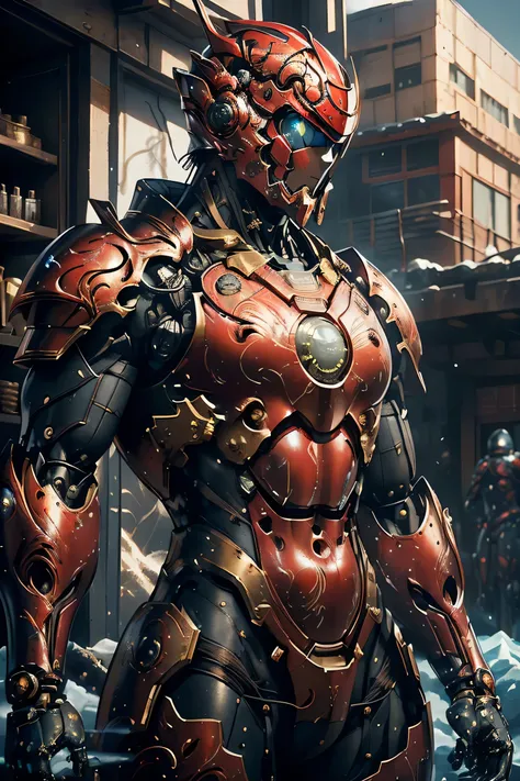 ((heavy duty iron plate armor)), (metallic: 1.5, red suit: 1.5, machine parts are visible under the suit), (japanese hero, whole...