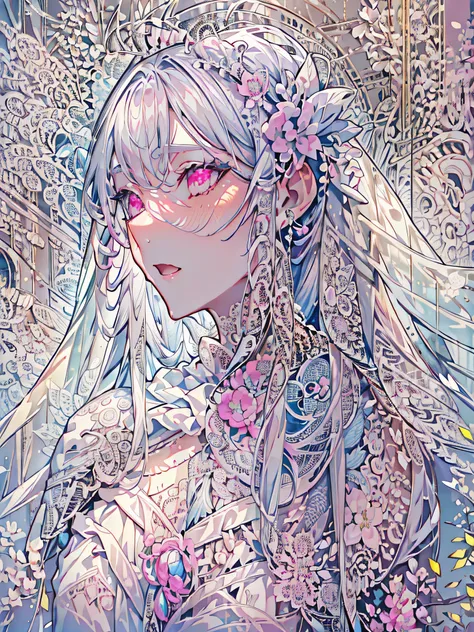 (masterpiece, insanely detailed, exquisite, beautiful, Full-HD, highres, absurdres, high quality,High resolution, 16k),(soft thin lines:1.2, Beautiful, delicate and pretty face), blushing, heavy blush,((large amount of straight hair, extremely voluminous V...