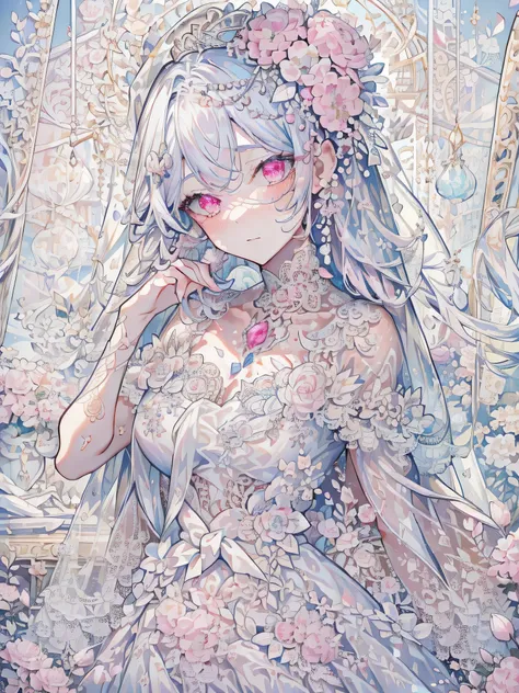 (masterpiece, insanely detailed, exquisite, beautiful, Full-HD, highres, absurdres, high quality,High resolution, 16k),(soft thin lines:1.2, Beautiful, delicate and pretty face), blushing, heavy blush,((large amount of straight hair, extremely voluminous V...