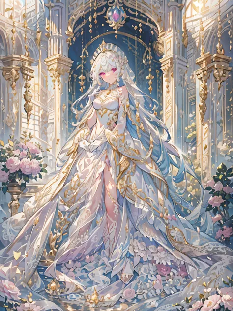 (masterpiece, insanely detailed, exquisite, beautiful, Full-HD, highres, absurdres, high quality,High resolution, 16k),(soft thin lines:1.2, Beautiful, delicate and pretty face), anime girl, full body, blushing, heavy blush, looking at viewer, ((large amou...