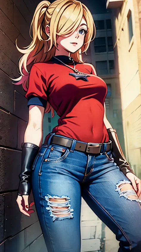 Rosalina wearing a red top, jeans, fingerless gloves, holding a chain line