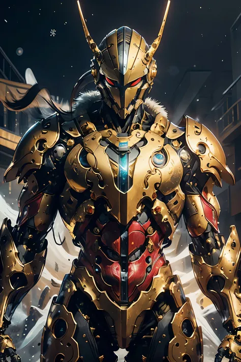 (( with large gold crescent moon symbol on forehead)), ((sturdy steel armor )), (metallic: 1.5, yellow and red suit: 1.5, machin...