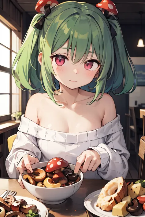 (( best quality )), ((masterpiece)), ( Details),  off shoulder sweater, Green Hair、Red mushroom that grew from the head、Pink Eyes、Neutral、Male、vtuber