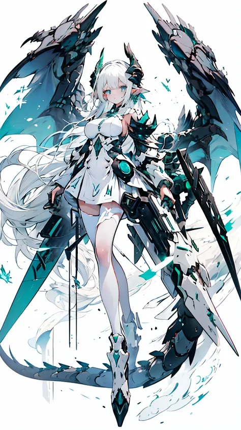 White hair, blue eyes, Celestial dragon, black horn, gigantic white and emerald-green dragon wing, knight, duel sword, Turret around her, War theme