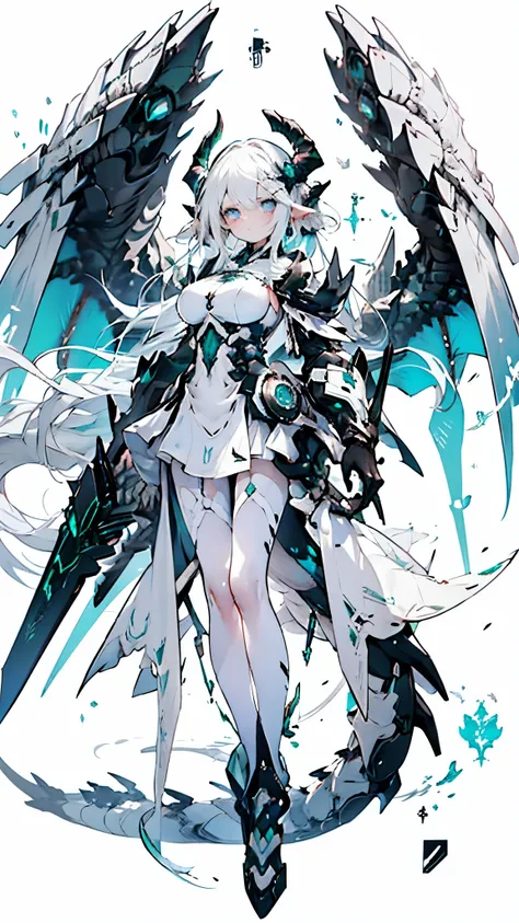 White hair, blue eyes, Celestial dragon, black horn, gigantic white and emerald-green dragon wing, knight, duel sword, Turret around her, War theme
