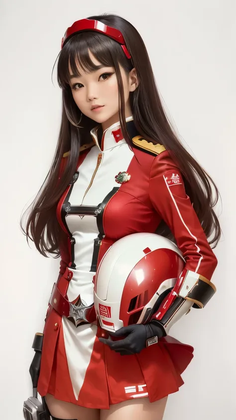  close-up of a woman in a red and white uniform wearing a helmet,Sayaka Yumi、Miniskirt dress、Majinga６もSayaka Yumi、 Wearing a red captain&#39;s uniform,  anime girl cosplay , Dying as Yoko Matsukane , Red Uniform, Anime Cosplay, Full Cosplay, Professional C...