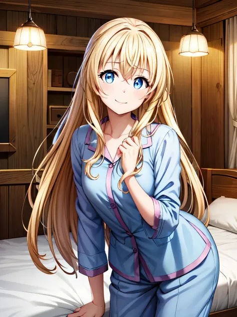 masterpiece, Highest quality, Best Quality、Otome、Photographed from the front,smile、Golden Hair、Long beautiful hair、Beautiful and attractive blue eyes,  long hair,  Small chest,  closed mouth、smile、（In pajamas:1.3）、In pajamas、 beautiful eyes、Sharp Eye、Sharp...