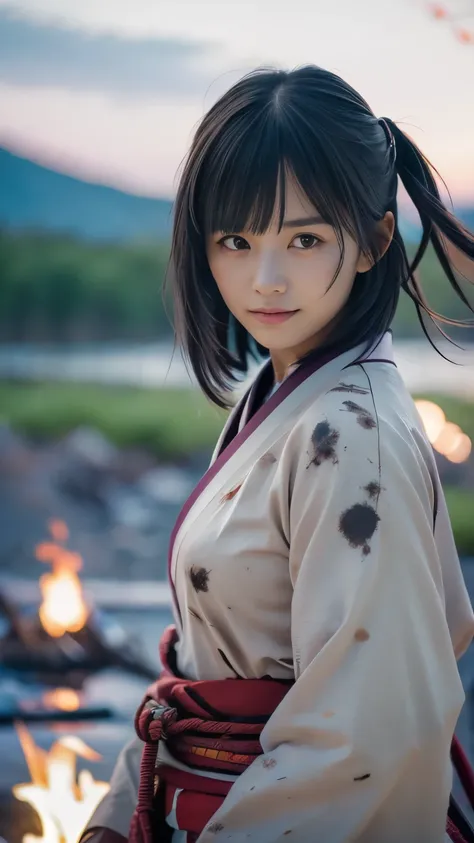 (Close up portrait of one slender small breast two side up black medium hair with bangs girl in a black colored dirty armor warrior as samurai in Japan :1.5)、(One girl take a rest near the bonfire on the wilderness land in old Japan with dirty little smile...