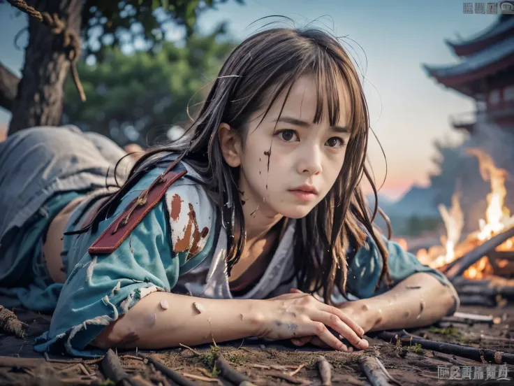 (Low angle shot of one slender small breasts red brown wavy long hair with dull bangs girl in a samurai silver armor:1.5)、(One girl is lying with her back behind on the wilderness land at the Sengoku period in Japan with crying dirty sperm splashed face:1....