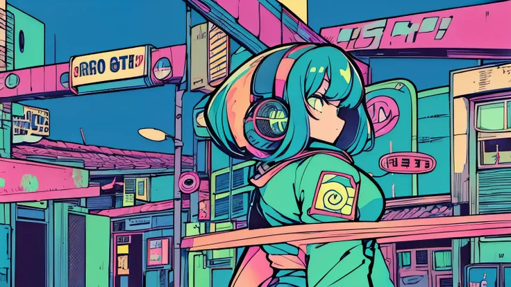 best quality , (masterpiece:1.2), Best detailed face,A girl is walking, Big Breasts, 18, 8k,Absurd,Unity 8K Wallpapers,( very detailed :1.3), Most realistic, (Retro headphones:1.1),( psychedelic:1.2),Retro Town並み, One Girl, retro art style , Neon Art S...