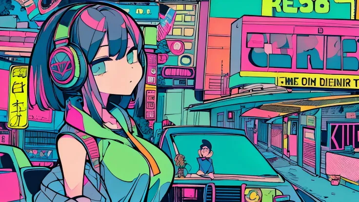 best quality , (masterpiece:1.2), Best detailed face,A girl is walking, Big Breasts, 18, 8k,Absurd,Unity 8K Wallpapers,( very detailed :1.3), Most realistic, (Retro headphones:1.1),( psychedelic:1.2),Retro Town並み, One Girl, retro art style , Neon Art S...