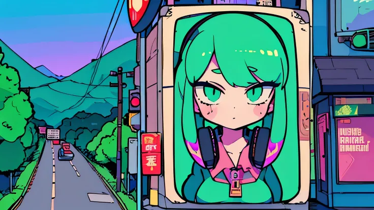 best quality , (masterpiece:1.2), Best detailed face,A girl is walking, Big Breasts, 18, 8k,Absurd,Unity 8K Wallpapers,( very detailed :1.3), Most realistic, (Retro headphones:1.1),( psychedelic:1.2),Retro Town並み, One Girl, retro art style , Neon Art S...