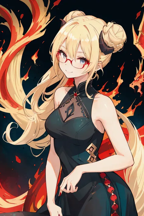 One Woman, elegant dress, Dirty blond hair, hair in bun, light tan skin, teal eyes, black round glasses, charming smile, black short dress, red dragon horns, red dragon tail