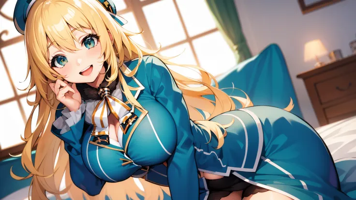 , looking at viewer,
blonde hair, large breasts, smile, open mouth, bsmile,wide hips,long hair,indoor,uniform,atagokc, (atago) u...