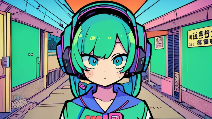 best quality , (masterpiece:1.2), Best detailed face,A girl is walking, Big Breasts, 18, 8k,Absurd,Unity 8K Wallpapers,( very detailed :1.3), Most realistic, (Retro headphones:1.1),( psychedelic:1.2),Retro Town並み, One Girl, retro art style , Neon Art S...