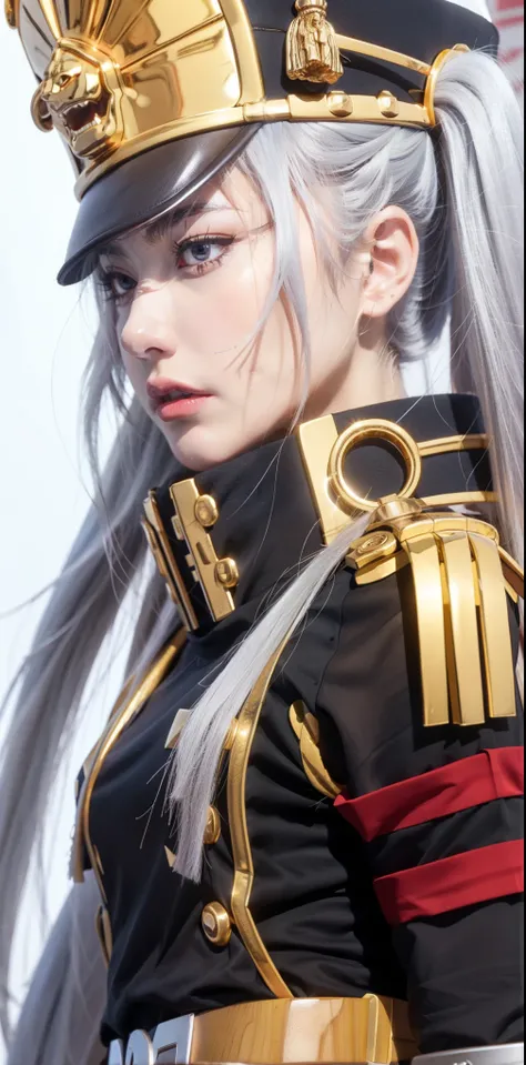 1girl, solo,  close up , upper body, side view, looking at viewer, angry face, wallpaper, lined up katana in background,