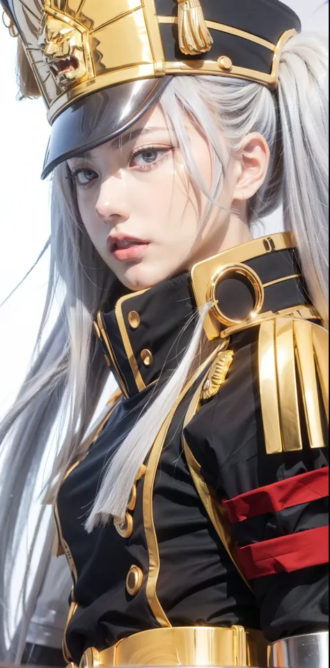 1girl, solo,  close up , upper body, side view, looking at viewer, angry face, wallpaper, lined up katana in background