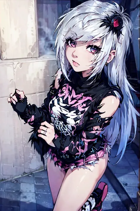 woman, emo white hair, emo bangs, scene white hair, denim mini short micro skirt, white top, gyaru, y2k fashion