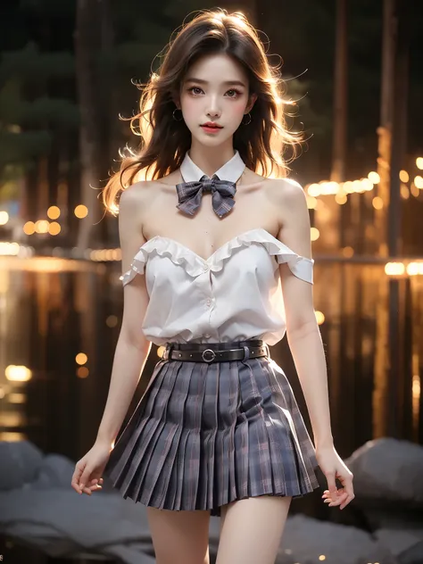 skirt,plaid necktie,belt,plaid skirt,black shirt,bowtie, ,((full body)), ((single bare shoulder)), (asian beauty: 1.3), girl, so...