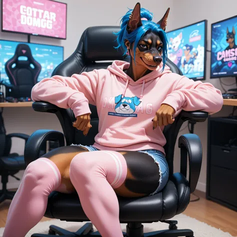 Furry female Doberman dog,blue hairstyle ,smirk,ear piercing , pink sweatshirt ,short shorts,pink stockings,sitting on a gaming chair threw her legs on the nightstand,background room,front view from the camera.