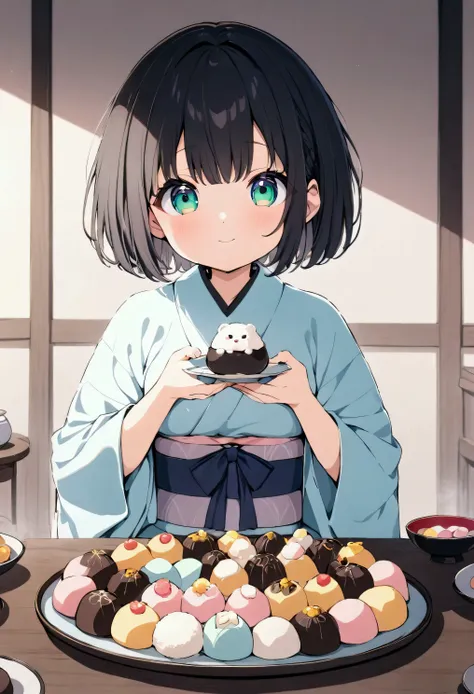 Best Quality,8k,masterpiece:1.3, Japanese anime style,Human Girl,1 person,1 person,Petite, Glamorous Bodies,Curvy, cute, a smiling expression that deliciously cheeks out daifuku , beautiful bob-cut black hair , beautiful emerald green eyes , kimono made of pastel pink fabric ,White socks, seated facing a Japanese table , A plate with lots of Japanese sweets on it is placed on the Japanese table,Holding daifuku with both hands ,
