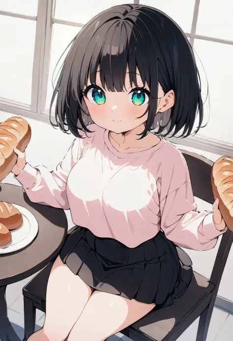 Best Quality,8k,masterpiece:1.3, Japanese anime style,Human Girl,1 person,1 person,Petite, Glamorous Bodies,Curvy, cute,A smiling expression that deliciously plows bread, beautiful bob-cut black hair , beautiful emerald green eyes ,Pastel pink long sleeves Ｔshirt, black miniskirt ,White socks, sitting on a chair facing the table , A plate with lots of bread on it is placed on the table,Holding bread with both hands ,