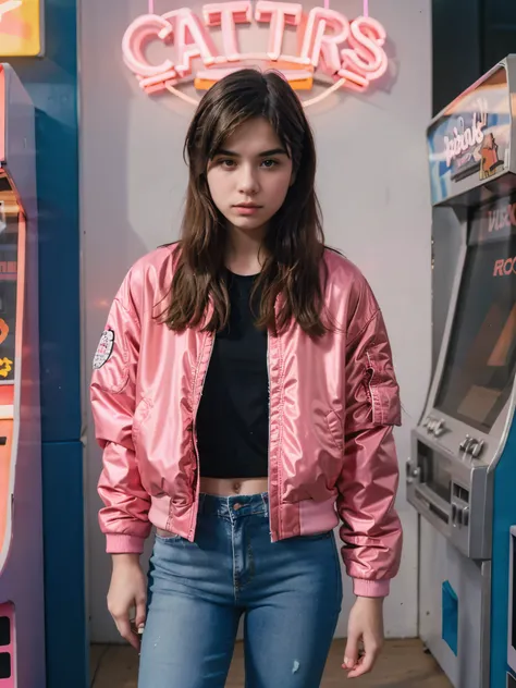 A 1980s teenager wearing acid wash jeans and pink bomber jacket, listening to a walkman in a neon-lit room with arcade machines and posters of rock bands.