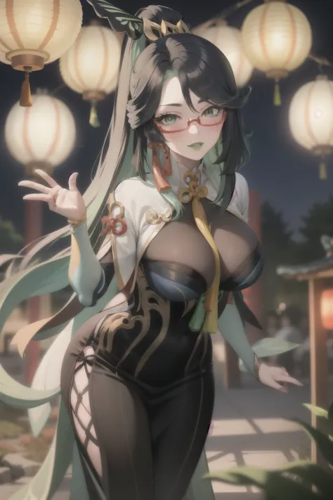 gixianyun makeup, green lips, under-rim eyewear, pelvic curtain green eyes, bending over,japanese garden , lanterns,best quality...