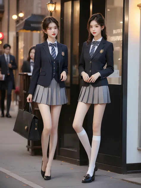 school uniform,
collared shirt,striped necktie, vest, long sleeves, pants,buttons,badge, shoes,watch,
collared shirt,striped bowtie, blazer, jacket, long sleeves, pleated skirt,buttons,badge, thighhighs, high heels, ,((full body)), (Asian beauty: 1.3), gi...