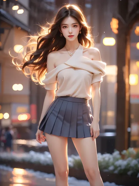 tokiwadai school uniform ,((full body)), ((single bare shoulder)), (Asian beauty: 1.3), girl, solo, ((Pleated skirts, short skirts, , very short hemline)), (toned body: 1.2), (naturally large breasts: 1.1), (visible cleavage: 0.8), (smooth flawless skin: 1...