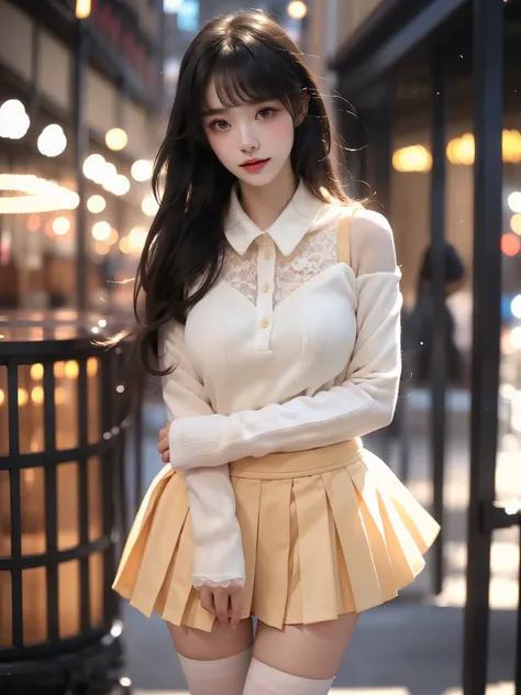 ,((full body)),  (asian beauty: 1.3), girl, solo, (lacy over-the-knee socks), ((pleated skirts, short skirts, , very short hemli...