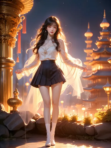 ,((full body)),  (asian beauty: 1.3), girl, solo, (lacy over-the-knee socks), ((pleated skirts, short skirts, , very short hemli...