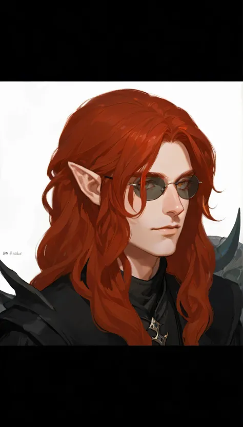 a close up of a person with red hair and glasses, a portrait of a male elf, dnd portrait of a tiefling, portrait of a dnd character, beautiful male elf, a male elf, elven male, male half-elf, dnd character art portrait, portrait of fin wildcloak, a portrai...