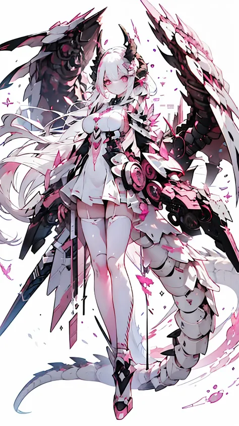 White hair, pink eyes, Celestial dragon, black horn, gigantic white and smoky-pink dragon wing, knight, duel sword, Turret around her, War theme