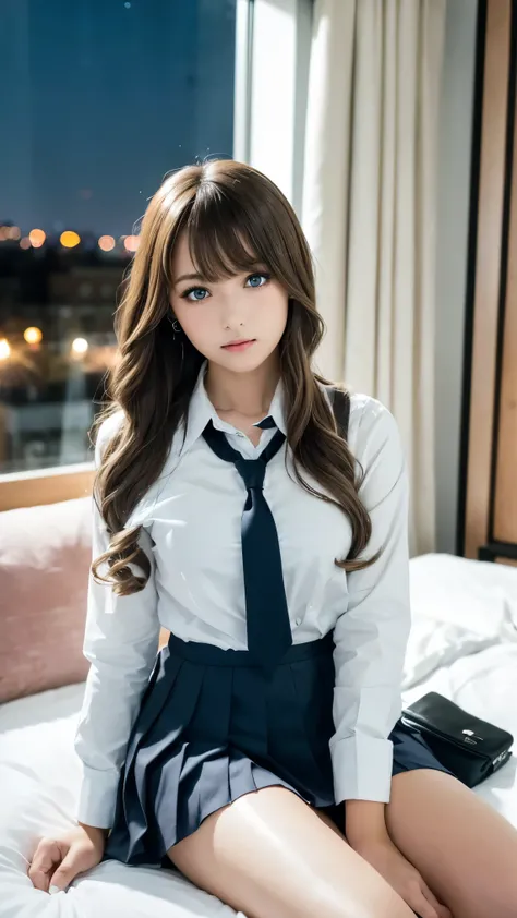 1girl,((high school student)),((High school girl photos)),(( high school uniform :1.25)),Grey pleated skirt,( school bag),( white shirt ),(((Hotel Bedroom))),((Night view)),candle lighting, blue eyes ,Distant eyes,( platinum blonde :1.15), long hair,Inward...