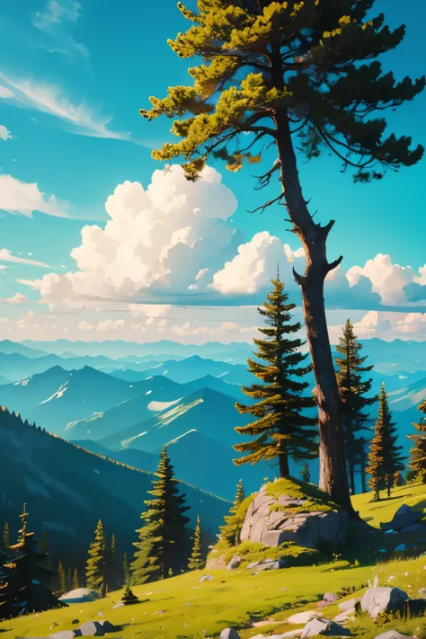  top of a rocky mountain with big beautiful trees. Beautiful clouds in a green environment 