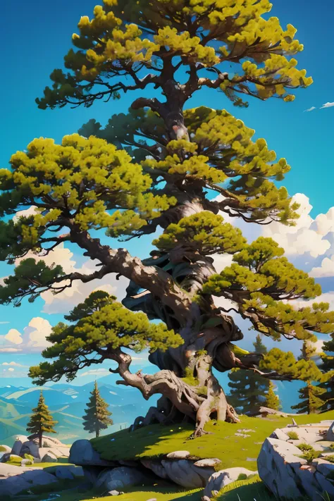  top of a rocky mountain with big beautiful trees. Beautiful clouds in a green environment 