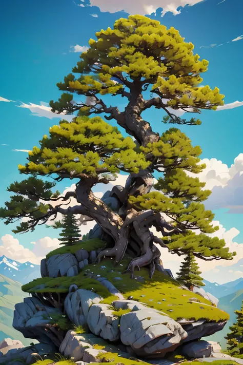  top of a rocky mountain with big beautiful trees. Beautiful clouds in a green environment 