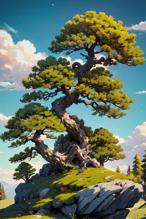  top of a rocky mountain with big beautiful trees. Beautiful clouds in a green environment 