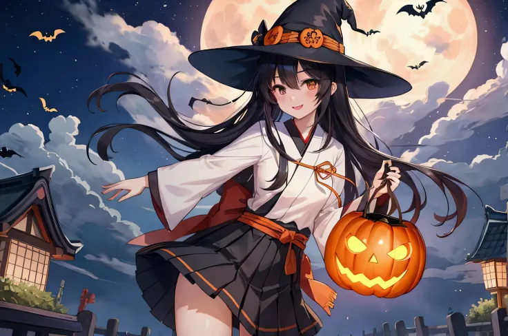Japanese high school girl。Flying through the air on a broom。A radiant smile。 flat chest。 bangs。 the length of the hair is long to the waist 。The hair color is jet black 。 thin, slender eyes 、Jet Black Eyes。Halloween witch costume and hat。Short skirt。The ba...