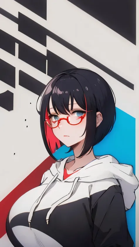 （Hair color: red and blue two-tone color）short hair glasses hoodie big breasts