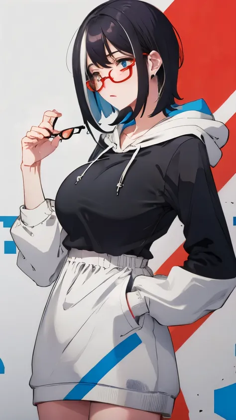（Hair color: red and blue two-tone color）short hair glasses hoodie big breasts