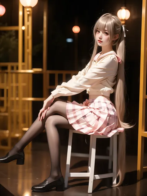 kasugano sora, 1girl, solo, cosplay,
hair ribbon, school uniform,serafuku,sailor collar, long sleeves,plaid skirt, pleated skirt, pantyhose,pink plaid,loafers,
grey hair, twintails, long hair,bangs, ahoge, ,((full body)), (Asian beauty: 1.3), girl, solo, (...