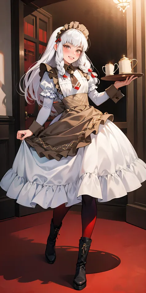 full body standing straight symmetrical, lustful smirking smile face red blush red cheeks, looking at viewer, holding tray, braid, maid headdress, maid, dress, apron, long sleeves, brown pantyhose, long leather militar boots, thighs, long white hair, maste...