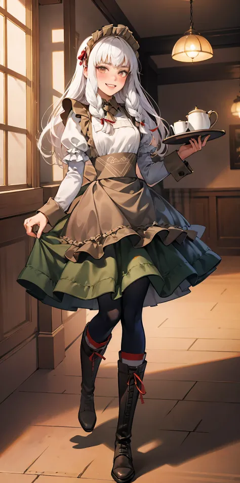 full body standing straight symmetrical, lustful smirking smile face red blush red cheeks, looking at viewer, holding tray, braid, maid headdress, maid, dress, apron, long sleeves, brown pantyhose, long leather militar boots, thighs, long white hair, maste...