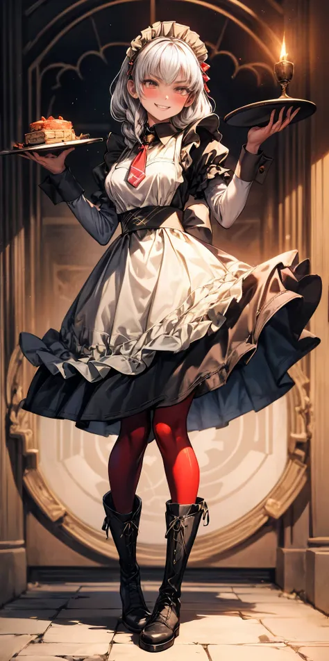 full body standing straight symmetrical, lustful smirking smile face red blush red cheeks, looking at viewer, holding tray, braid, maid headdress, maid, dress, apron, long sleeves, brown pantyhose, long leather military boots, thighs, long white hair, mast...