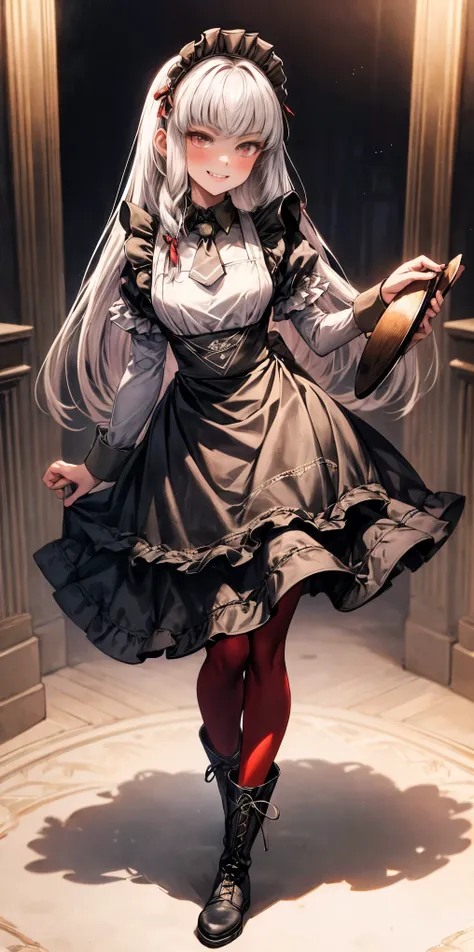 full body standing straight symmetrical, lustful smirking smile face red blush red cheeks, looking at viewer, holding tray, braid, maid headdress, maid, dress, apron, long sleeves, brown pantyhose, long leather military boots, thighs, long white hair, mast...