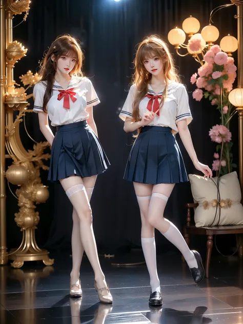 clannad, hikarizaka private high school uniform, summer uniform, ,((full body)), (Asian beauty: 1.3), girl, solo, ((outfit with lace-trimmed thigh-high stockings, )), ((Pleated skirts, short skirts, , very short hemline)), (toned body: 1.2), (naturally lar...