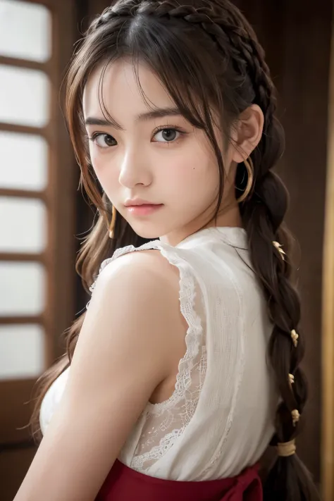 female middle school student, Famous Japanese Idols, fancy clothes in medieval European style , Flaxen long hair, hair braided from the top of the head to the side, Thready hair, Expressive Hair , Saggy eyes with eyesight , moist eyes, Light-pigmente...
